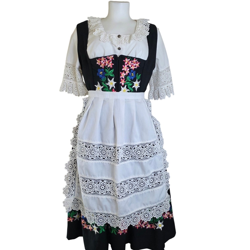 VTG Licht Trachtenhaus Dirndl Dress Set 3 Pieces: Embroidered Dress Blouse Apron